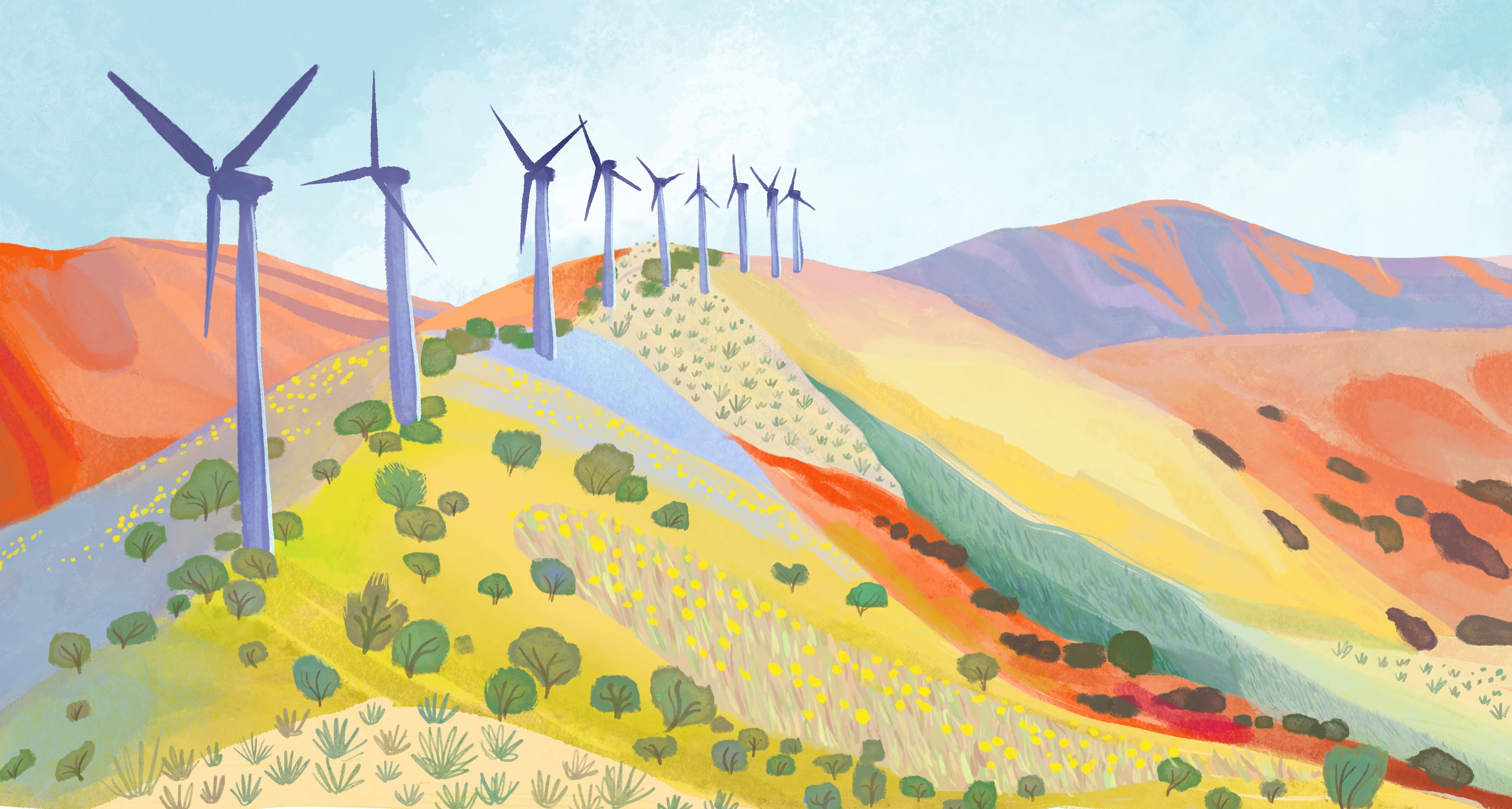 Wind turbines on a colorful mountainside